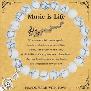 NEW Music Is Life Theme White Turquoise Beaded Stretch Bracelet with Treble Clef